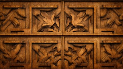 Naklejka premium Intricate wooden paneling with floral carvings showcasing craftsmanship and design in an artistic setting