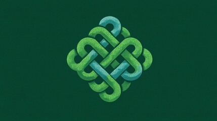 Intricate green knot design symbolizing unity and eternity on a rich green background.