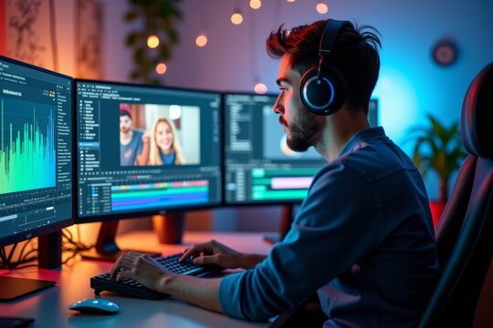 A young male editor creating a dynamic video on his computer, as digital elements and graphics come to life around him in the office.