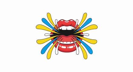 Sound wave illustration featuring open mouth with red lips and colorful bursts. Visual sound wave is perfect for music promotion and artistic concepts.