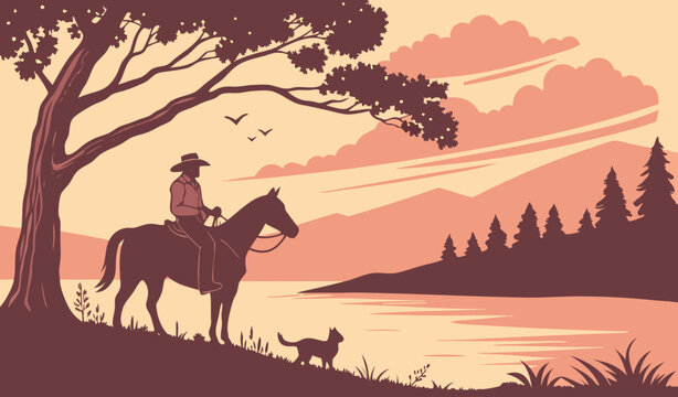 Silhouette of Cowboy on Horseback at Sunset by Lake with cato