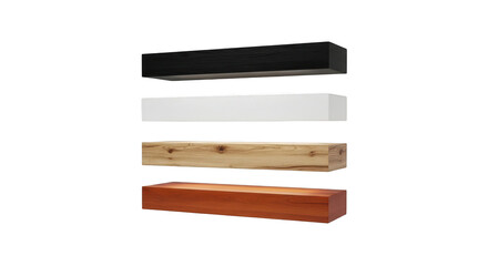 Four floating shelves isolated on transparent background in different colors