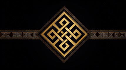Intricate golden geometric pattern on a black background, featuring a symbolic knot design.