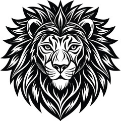 Obraz premium Majestic black and white tribal lion head design with intricate patterns and bold lines