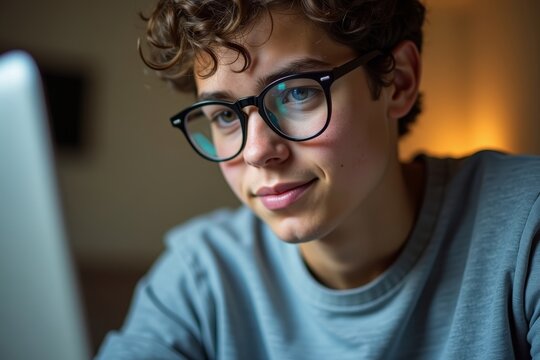 Close-up of a young man's reflection on his glasses while using a laptop at home.