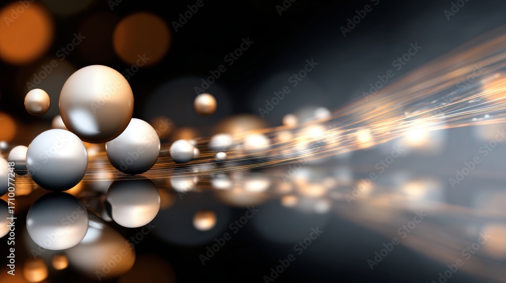 Poster abstract composition of reflective spheres with blurred lights creating a dynamic, modern atmosphere