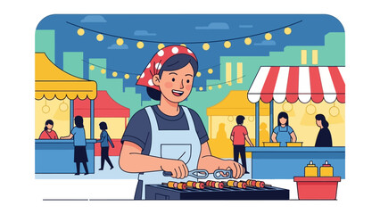Culinary Craftsmanship in the Open: Amidst the bustling open-air market, a skilled vendor is meticulously grilling kebabs, showcasing culinary expertise.