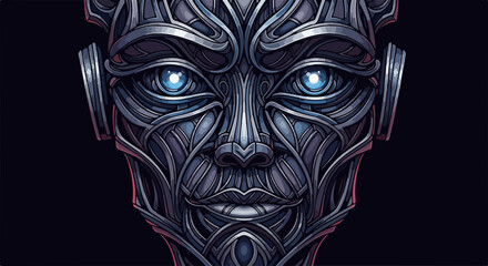 Metallic face detailed artwork of futuristic robotic form with glowing blue eyes, reflecting advanced technology, innovation and precision engineering. Metallic face,