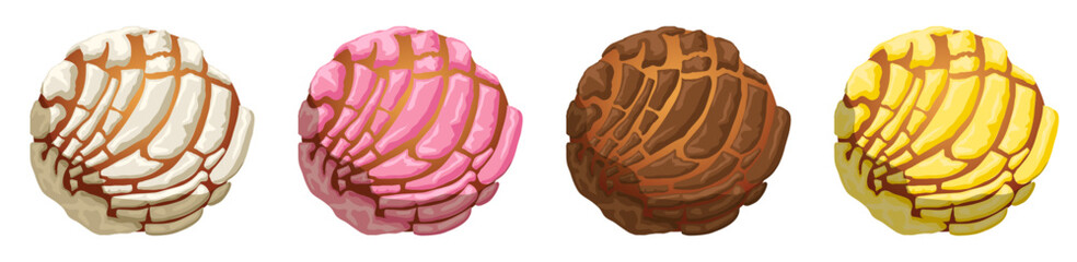 Concha Collection with Vanilla, Strawberry, Chocolate and Buttery Flavors - Mexican Sweet Bread Top View Illustration