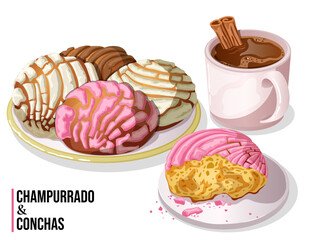 Champurrado with Mexican Conchas Sweet Bread – Traditional Pan Dulce and Hot Chocolate Atole Illustration