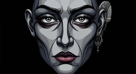 Portrait of a bald woman with dark makeup, presenting intensity and strength, retrato de una mujer calva con maquillaje oscuro, que presenta intensidad y fuerza, showing her intense gaze.