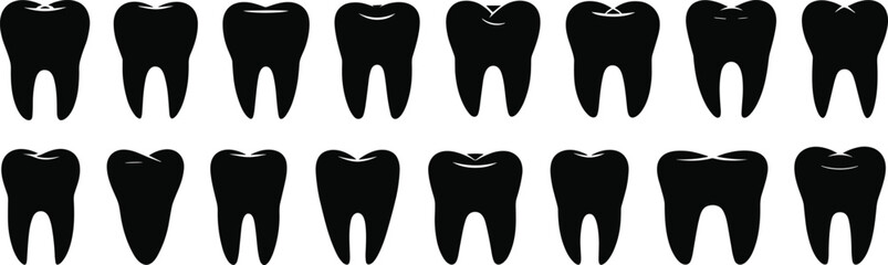 Tooth silhouette illustrations, dental anatomy icons, black and white clipart, occlusal markings, pathology bundle set, vector pack