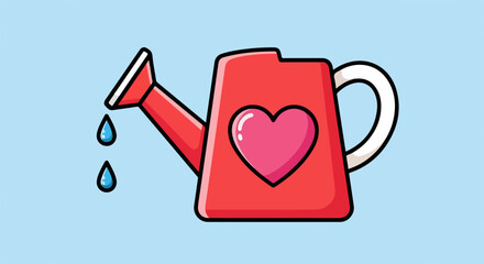 Red watering can with heart symbol dispensing water drops, cute watering can design ideal for gardeners. Red watering can dispenses water drops, heart watering can symbolizes love and care for plants.