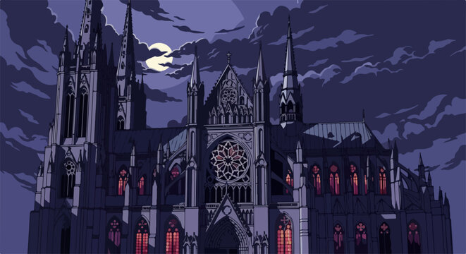 Gothic cathedral at night illuminated by moon and red windows, dramatic scene, gothic cathedral with elaborate facade. Gothic cathedral evokes mystery and beauty, gothic architecture,