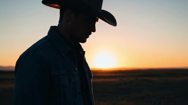 A cowboy silhouette in a denim jacket touches his hat brim against a beautiful golden hour sunset, representing the wild west, freedom, solitude and rural american culture