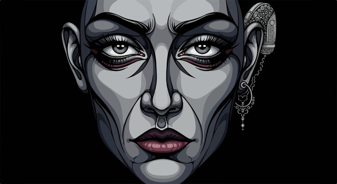 Portrait of a bald woman with dark makeup, presenting intensity and strength, retrato de una mujer calva con maquillaje oscuro, que presenta intensidad y fuerza, showing her intense gaze.