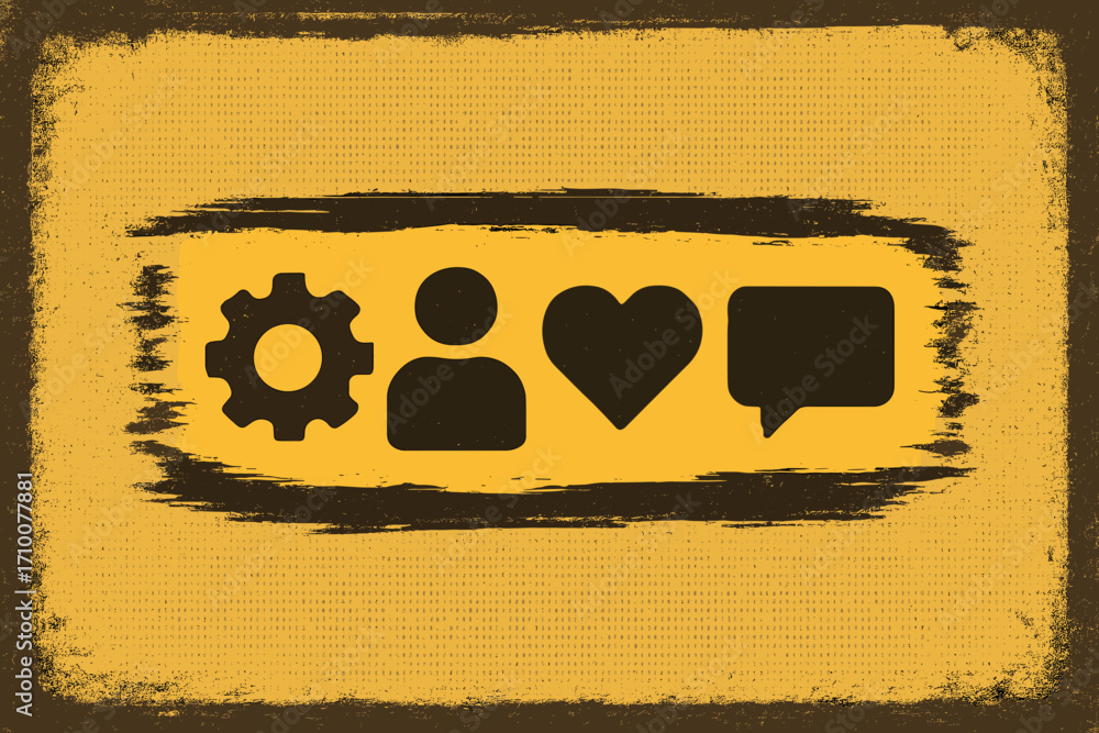 Poster symbols representing user interaction and emotions in a digital interface on a yellow background