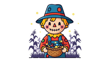 Harvest Time: A cheerful illustration captures the essence of autumn with a friendly scarecrow, holding a basket brimming with the season's bounty.