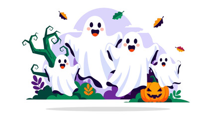 Spooky Ghost Gathering: A cheerful and playful gathering of ghosts celebrating Halloween in a charming cartoon illustration, complete with pumpkins and festive elements. 