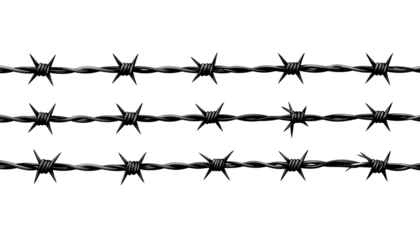 Sharp barbed wire fence, a dangerous barrier for security and protection, is a metal border against the white background