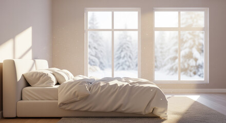Fototapeta premium Peaceful Bedroom Interior with Sunlight and Snow Outside