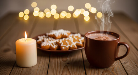 Fototapeta premium Cozy Winter Evening with Hot Chocolate, Gingerbread, and Candlelight
