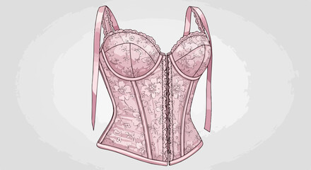 Delicate pink corset, traditional women's lingerie, shown in studio shot. This classic corset has lace details and boning, typical of traditional women's lingerie design.