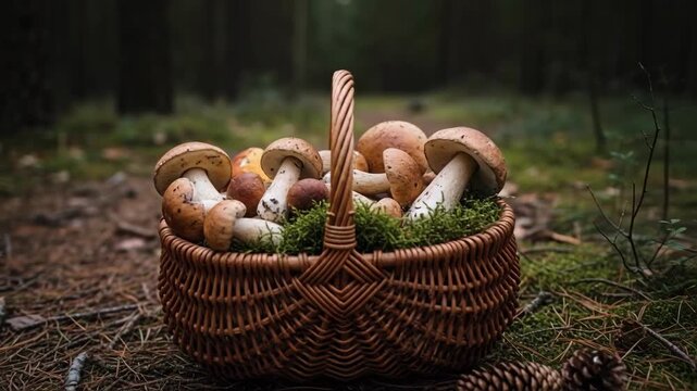A wicker basket full of freshly picked porcini mushrooms sits on the forest floor among pine needles and cones, symbolizing foraging, organic food and the autumn harvest