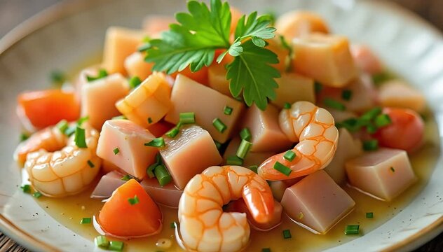 Close up of ceviche showing diced fish, shrimp, and octopus with bright citrus marinade and herbs 