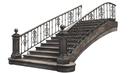Stone staircase with ornate iron railings isolated on transparent background