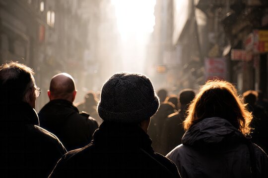 A multitude of people walking along a city street, backlit by a bright light source.