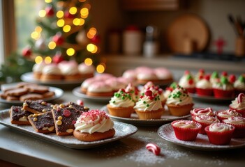 Fototapeta premium Delicious Holiday Desserts Festively Displayed on Beautifully Decorated Platters with Colorful Treats and Tempting Sweets