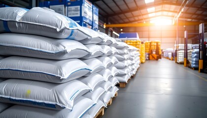 Industrial warehouse interior with stacked bags