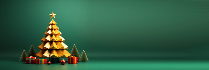 Stylish golden Christmas tree with gifts on a green background, perfect for holiday cards, decor, and festive stock photo/video content. Christmas green banner for design with copy space