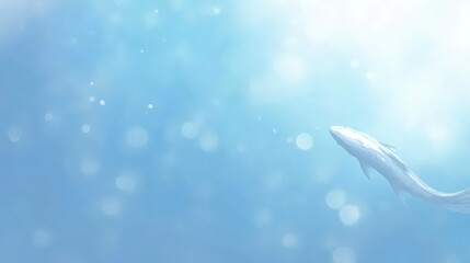An ethereal white fish glides gracefully through a serene blue underwater world with soft light filtering in.