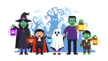 Halloween Celebration: A whimsical illustration of classic Halloween figures. A witch, vampire, ghost, Frankenstein's monster, and zombie kid gather.
