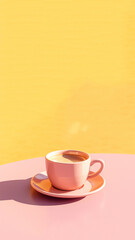 Stylish pink coffee cup on a vibrant yellow and pink background, perfect for cafe, morning, and lifestyle stock photo/video content. Vertical reel or story