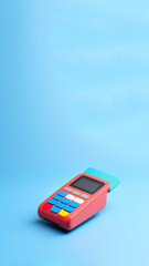 Colorful card payment terminal on a blue background, ideal for finance, shopping, and tech stock photo/video content. Vertical banner with copy space