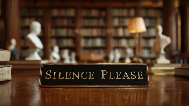 silence please sign on wooden desk in historic library with bookshelves and statues in background showing quiet reading study and academic learning environment