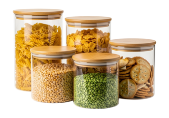 Various dry goods are displayed in glass jars with bamboo lids on a transparent background