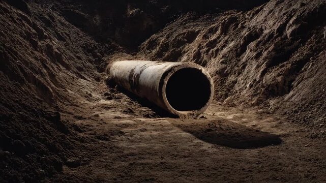 An old concrete sewer pipe lies in a deep mud trench at an excavation site, representing aging urban infrastructure, construction, pipeline installation or environmental development projects