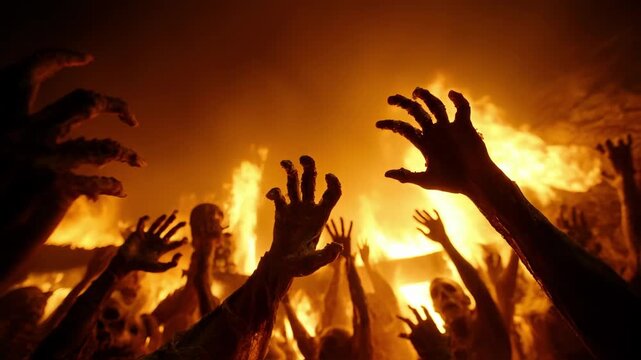 Countless zombie hands reach out from a fiery inferno in a terrifying scene of damnation, symbolizing a horrifying apocalypse, the undead rising, and the concept of hell or eternal suffering