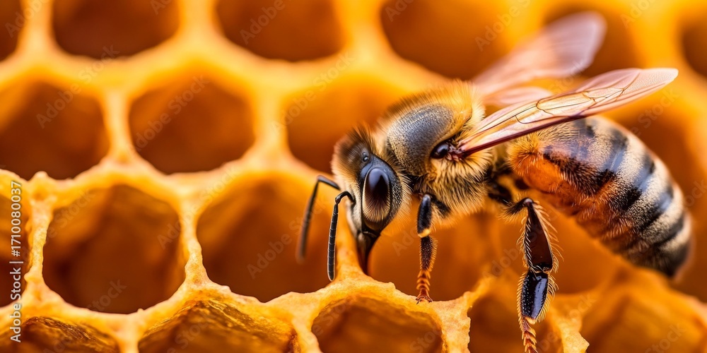 Poster closeup of a diligent honeybee collecting nectar from beeswax hexagon compartments in a beehive.
