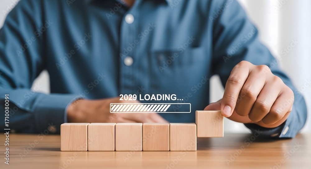 Poster understanding new year goals setting strategy with wooden blocks and loading bar concept image