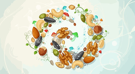 Fototapeta premium Assorted nuts in decorative spiral create an appealing composition, ideal for wholesome snack promotions. This spiral of nuts presents diverse types like cashews, walnuts, almonds,
