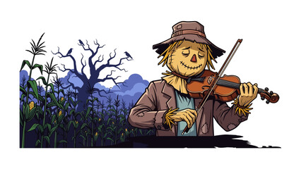 Serene Scarecrow Melody: A heartwarming scene of a cheerful scarecrow playing a violin in a whimsical setting, bringing music to a twilight cornfield.