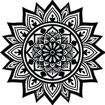 Intricate black outline indian rangoli mandala with geometric floral patterns