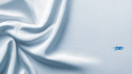 A delicate blue fish motif on smooth, white fabric with elegant folds, conveying a serene aquatic theme.