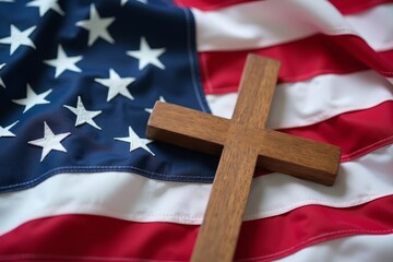 Intersection of Faith and Patriotism: Wooden Christian Cross atop Crumpled American Flag in Modern Society