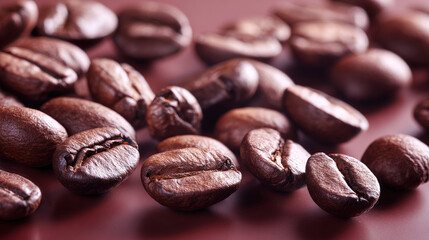 Obraz premium Freshly roasted aromatic coffee beans scattered on a modern surface in a warm, close-up view.